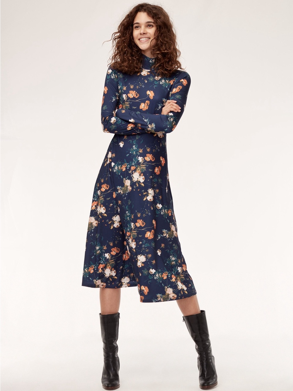Aritzia Wilfred Mira Floral Mock Neck Long Sleeve Midi Dress M Modest